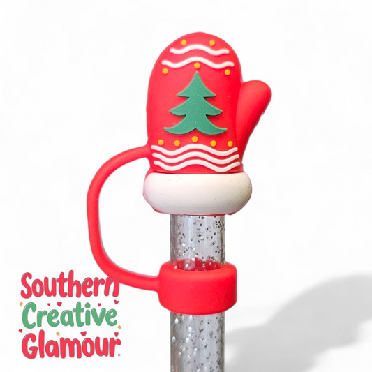 Red Festive Christmas Mitten Silicone 10mm Straw Topper  by Southern Creative Glamour 