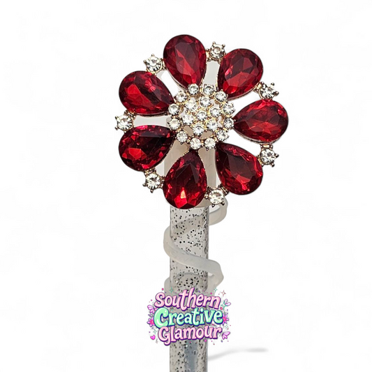 Red Crystal Flower 10mm Straw Topper | 10mm Straw Cover by Southern Creative Glamour 