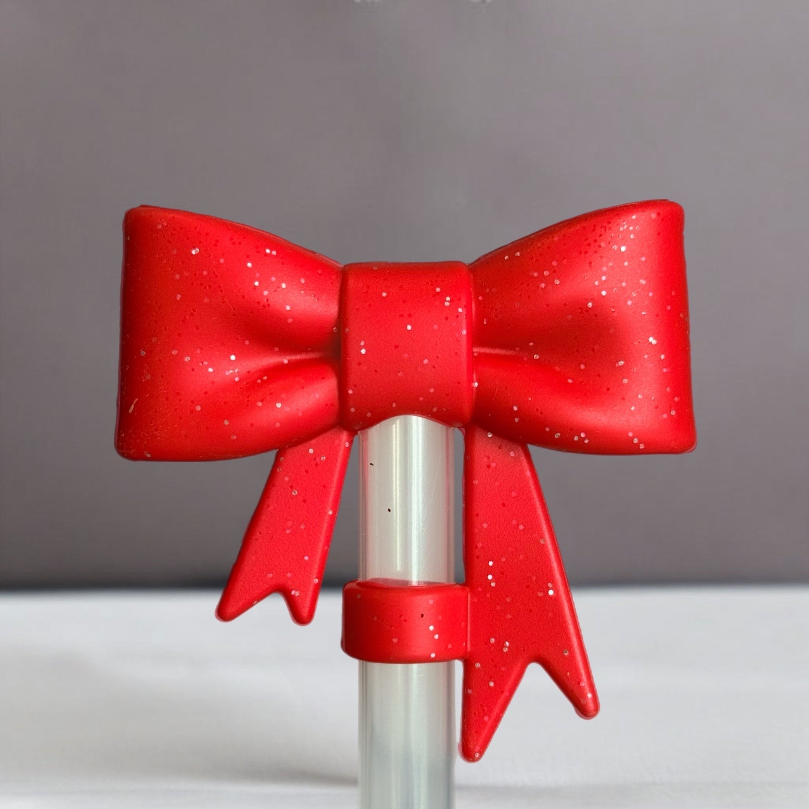 Red Glitter 3D Bow 10mm Silicone Straw Topper 