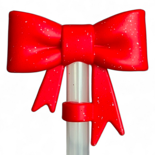 Red Glitter 3D Bow 10mm Silicone Straw Topper 