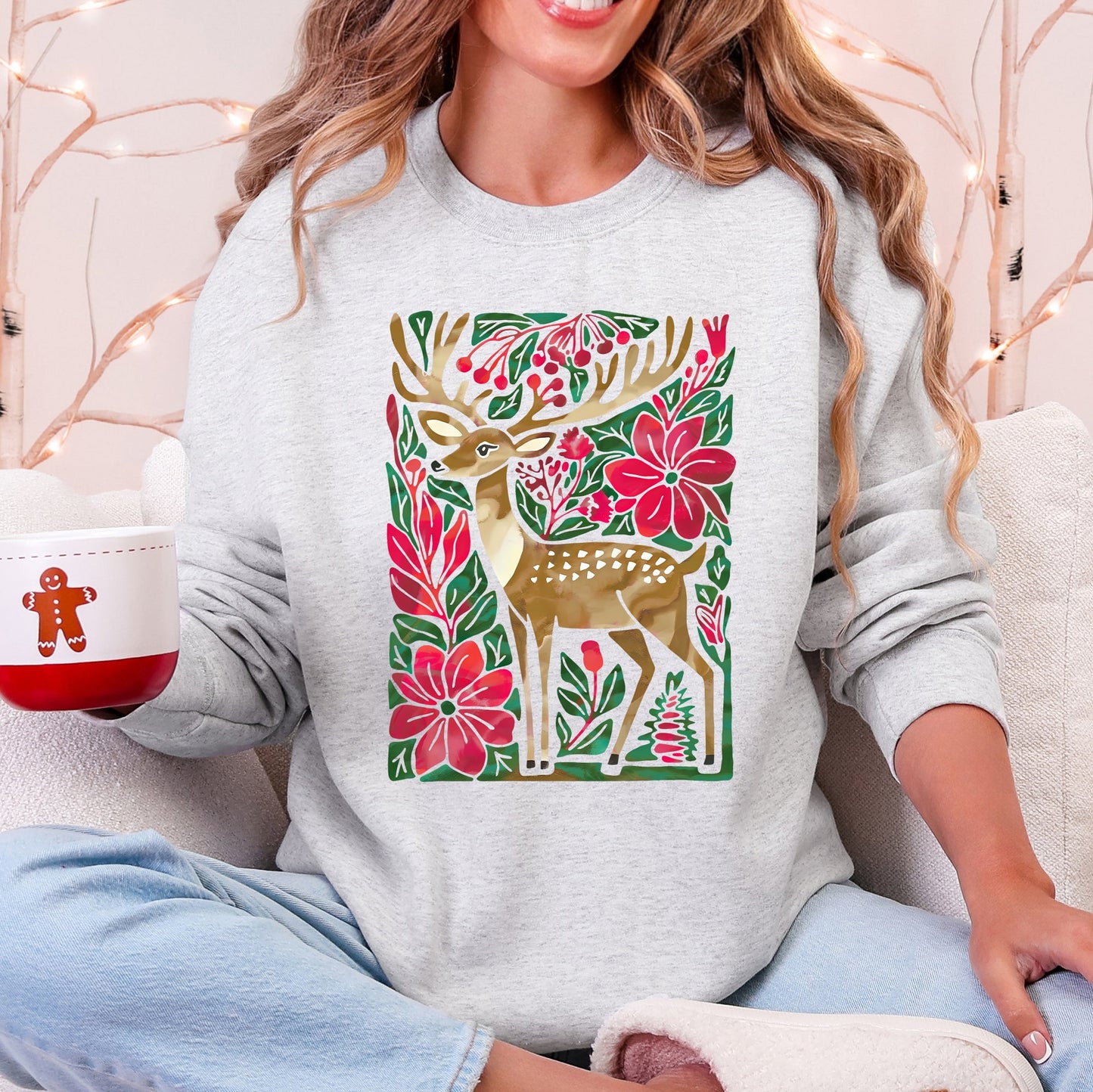 Light Ash Gray, red, green Christmas Deer, Colorful, Flowers, Santa, Snow Sweatshirt