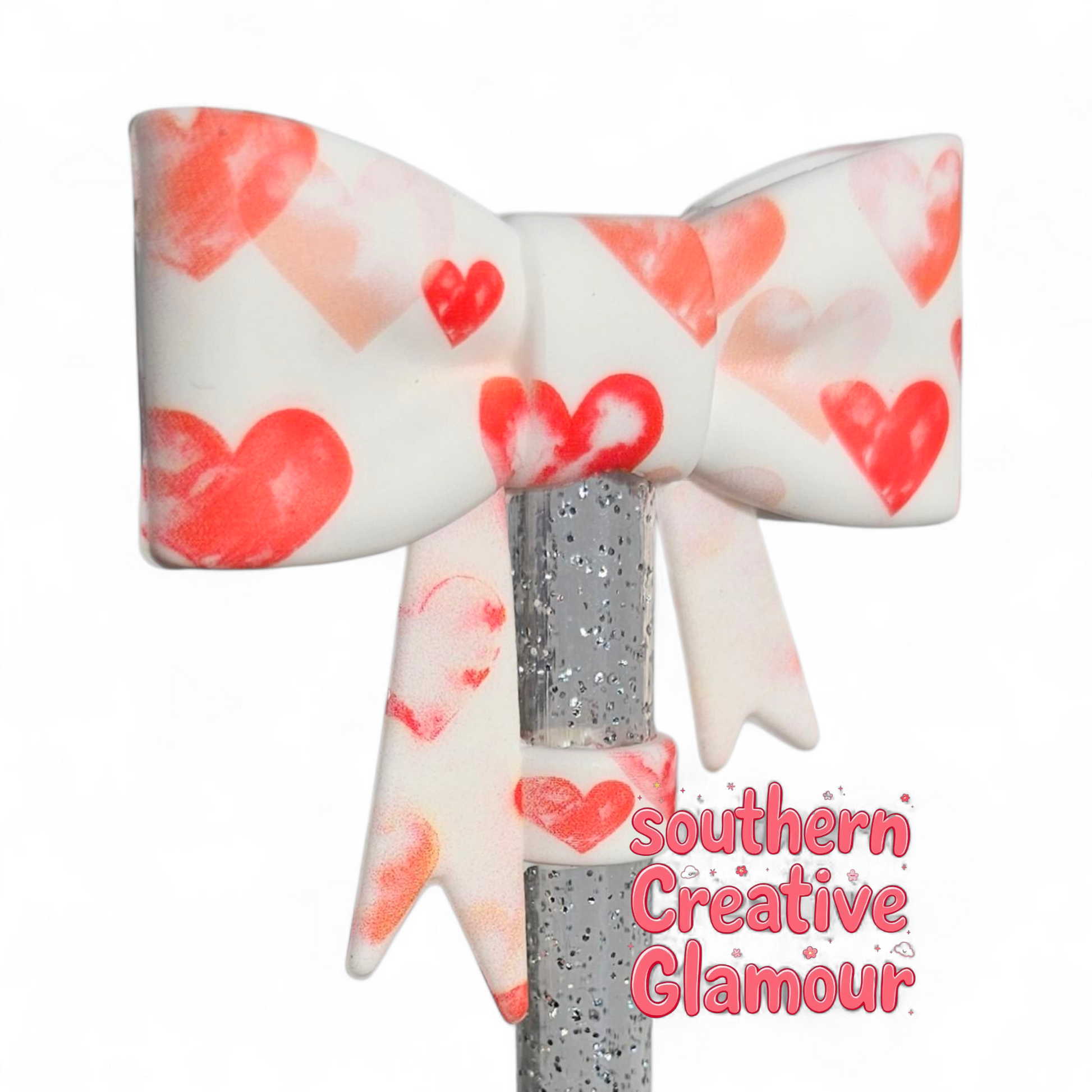 Red Hearts 3D Bow Silicone 10mm Straw Topper by Southern Creative Glamour 