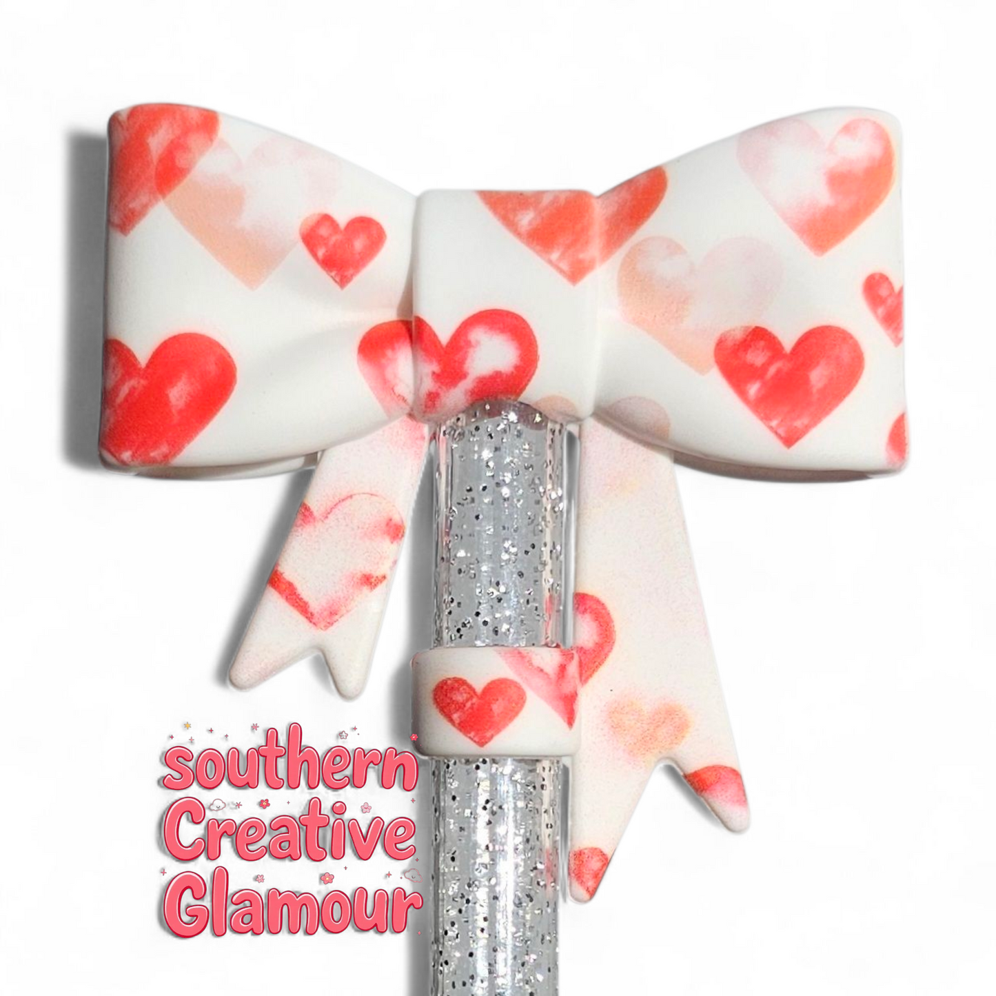 Red Hearts 3D Bow Silicone 10mm Straw Topper by Southern Creative Glamour 