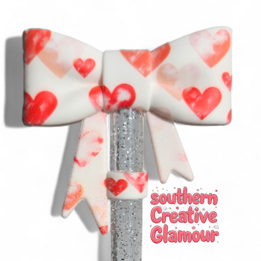 Red Hearts 3D Bow Silicone 10mm Straw Topper by Southern Creative Glamour 