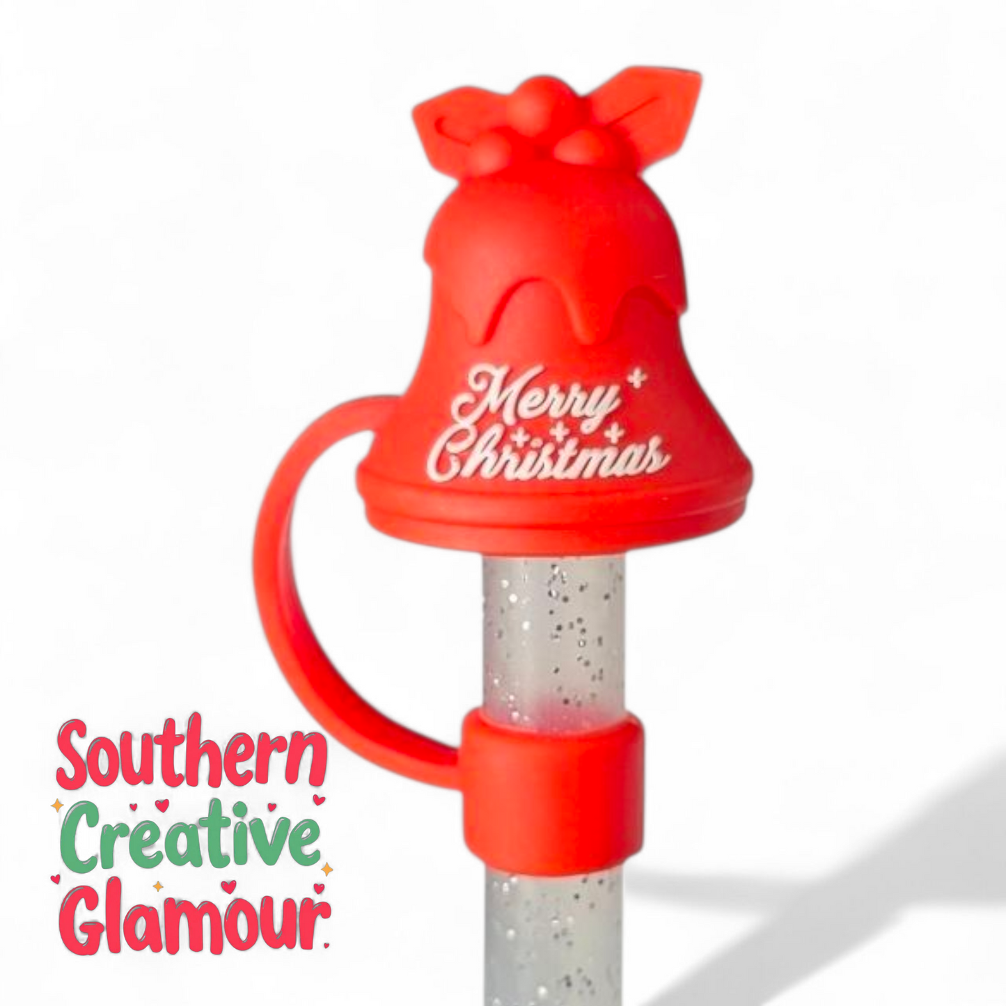 Red Merry Christmas Jingle Bell 3D Silicone 10mm Straw Topper by Southern Creative Glamour 