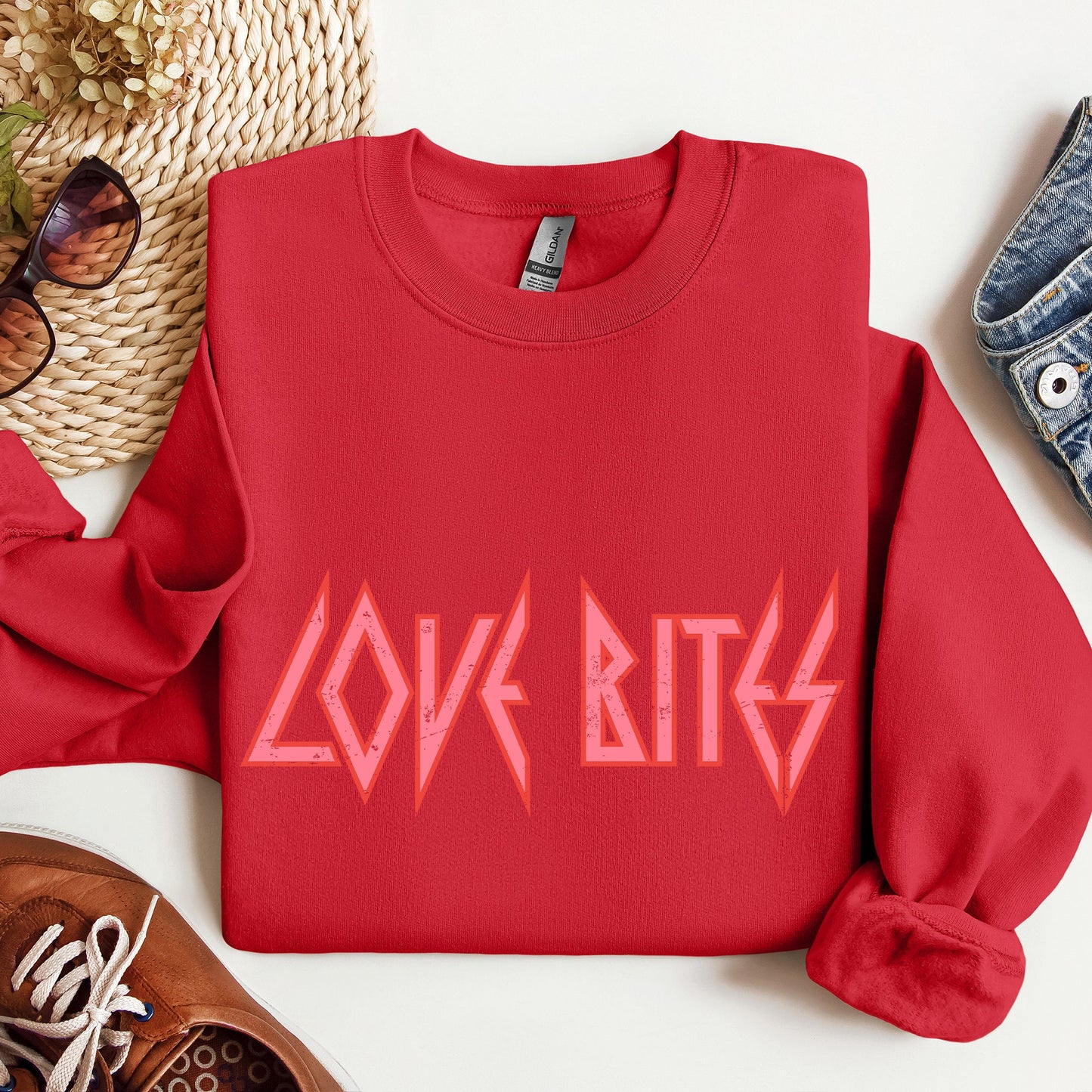 Red & pink Love Bites Rock Sweatshirt – Retro 80s Valentine’s Day Music Lover Crewneck