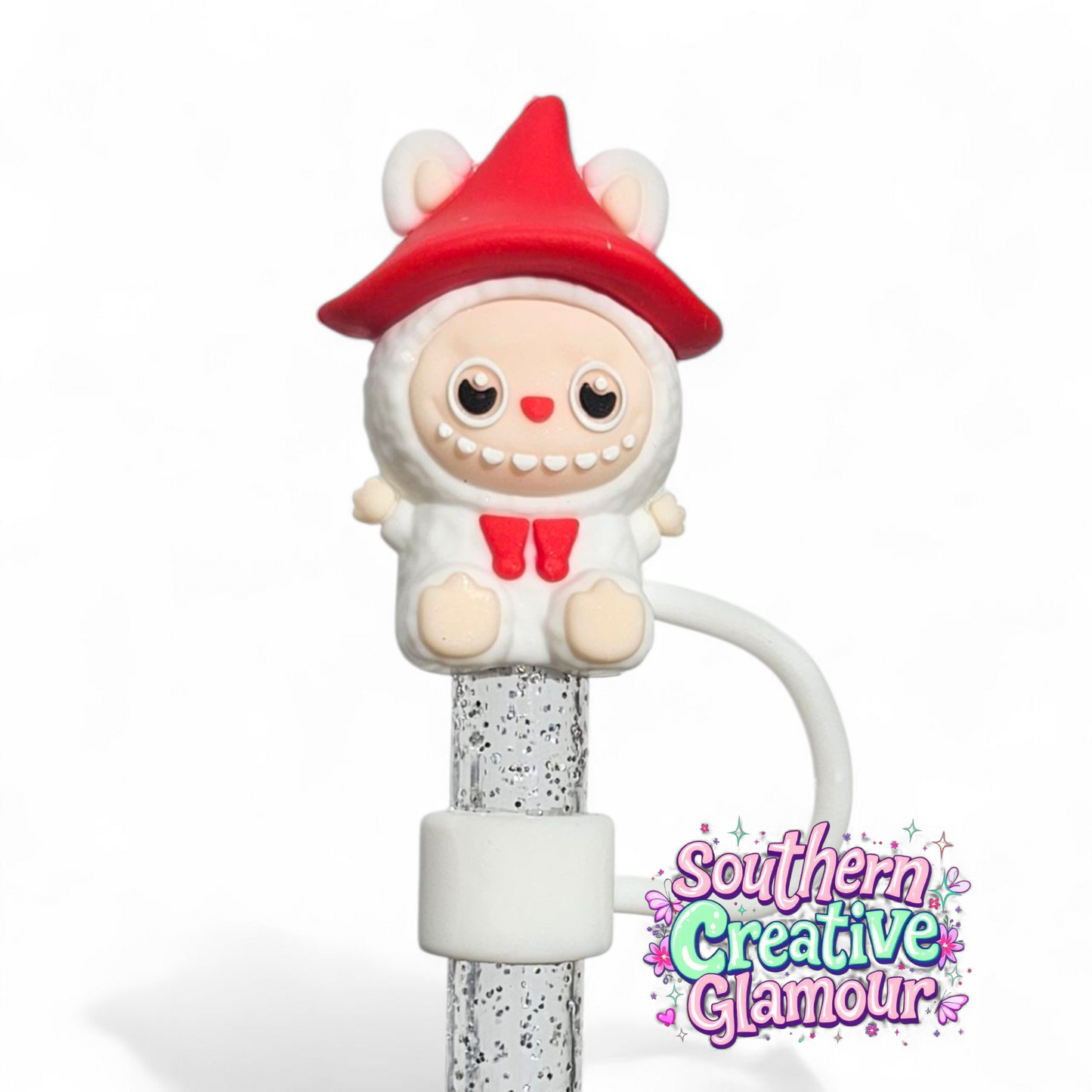 White & Red Labubu inspired 10mm Straw Toppers by Southern Creative Glamour 