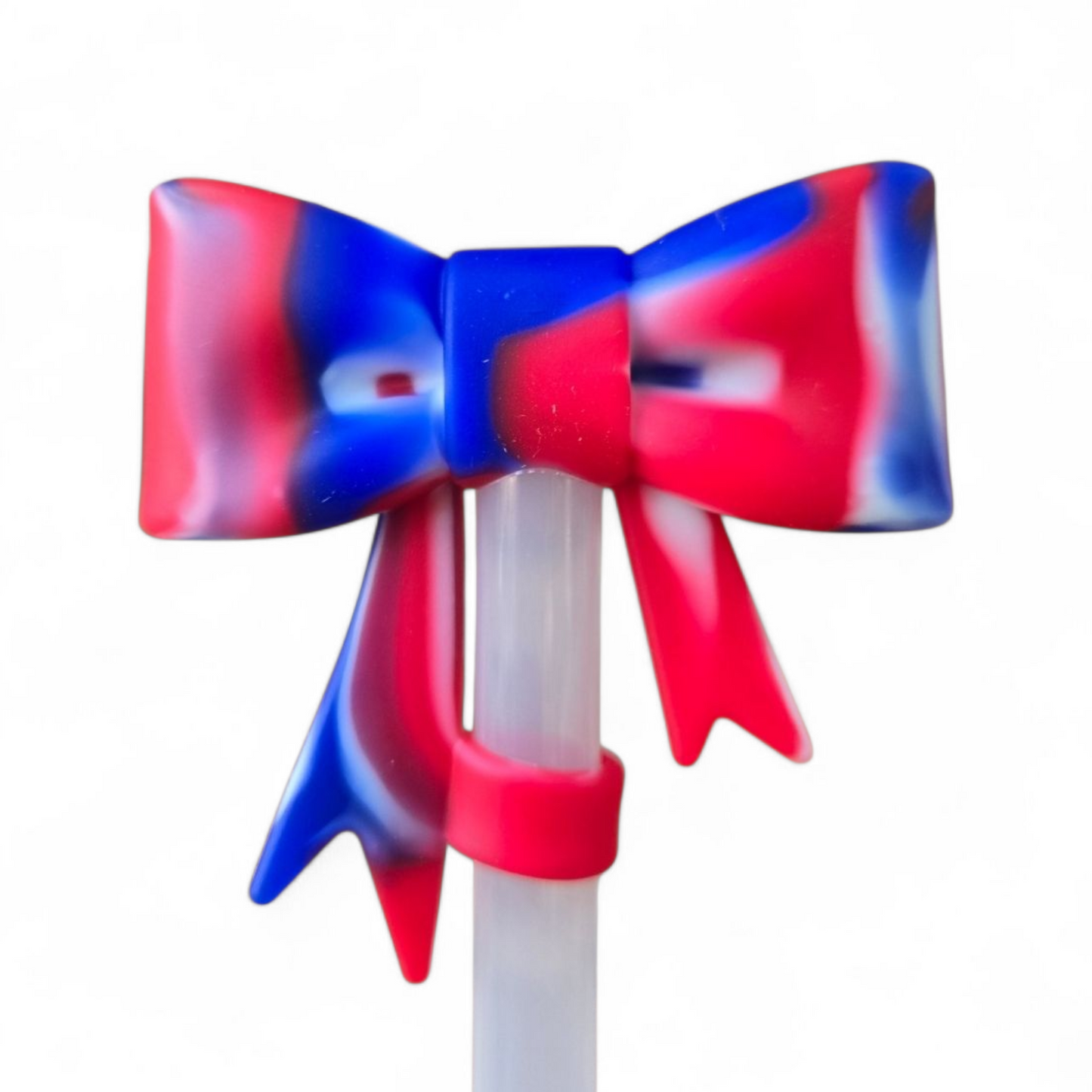 3D Bow Silicone 10mm Straw Topper - Red & Blue 