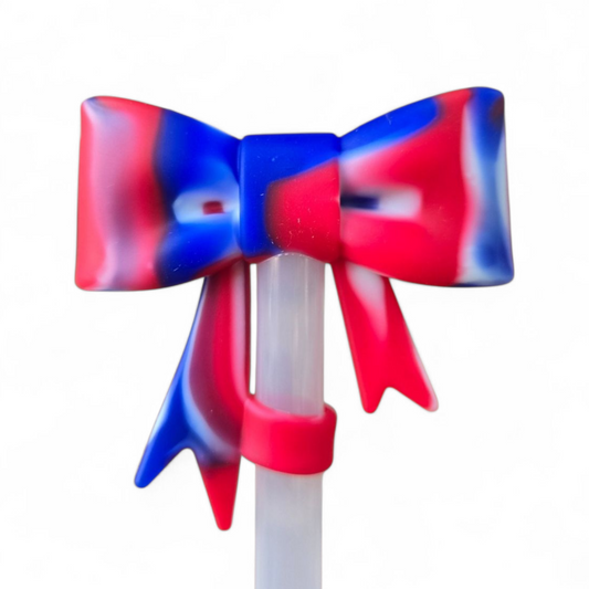 3D Bow Silicone 10mm Straw Topper - Red & Blue 