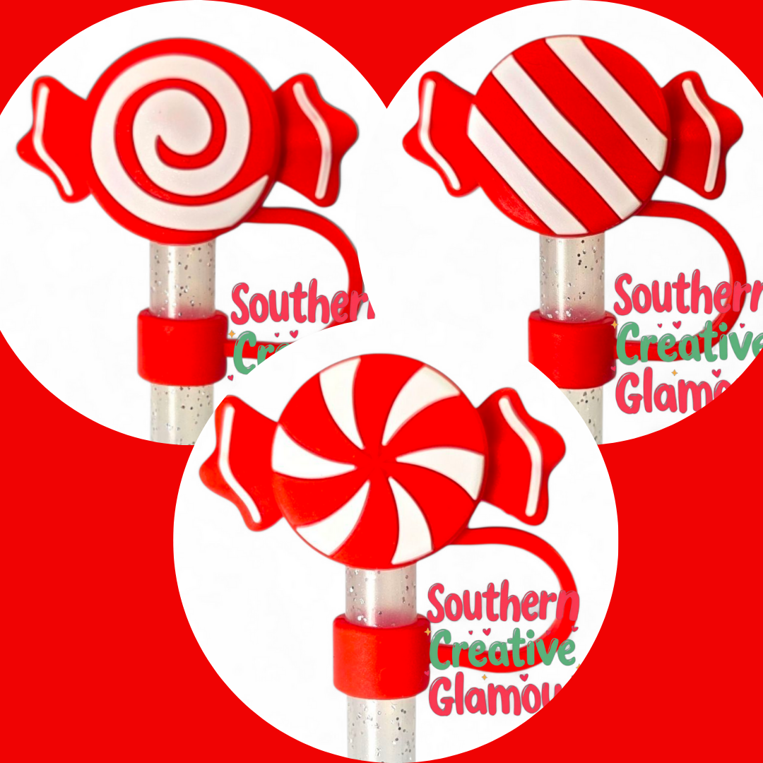 Red and White Christmas Candy Silicone 10mm Straw Topper | Straw Cover by Southern Creative Glamour 