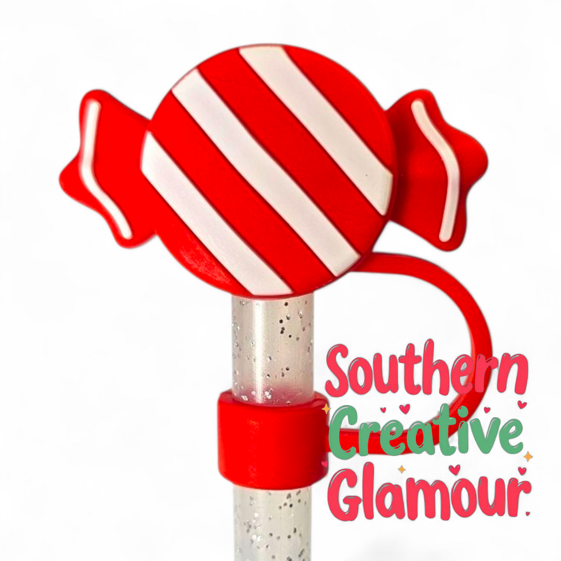 Red and White Christmas Stripes Candy Silicone 10mm Straw Topper | Straw Cover by Southern Creative Glamour 