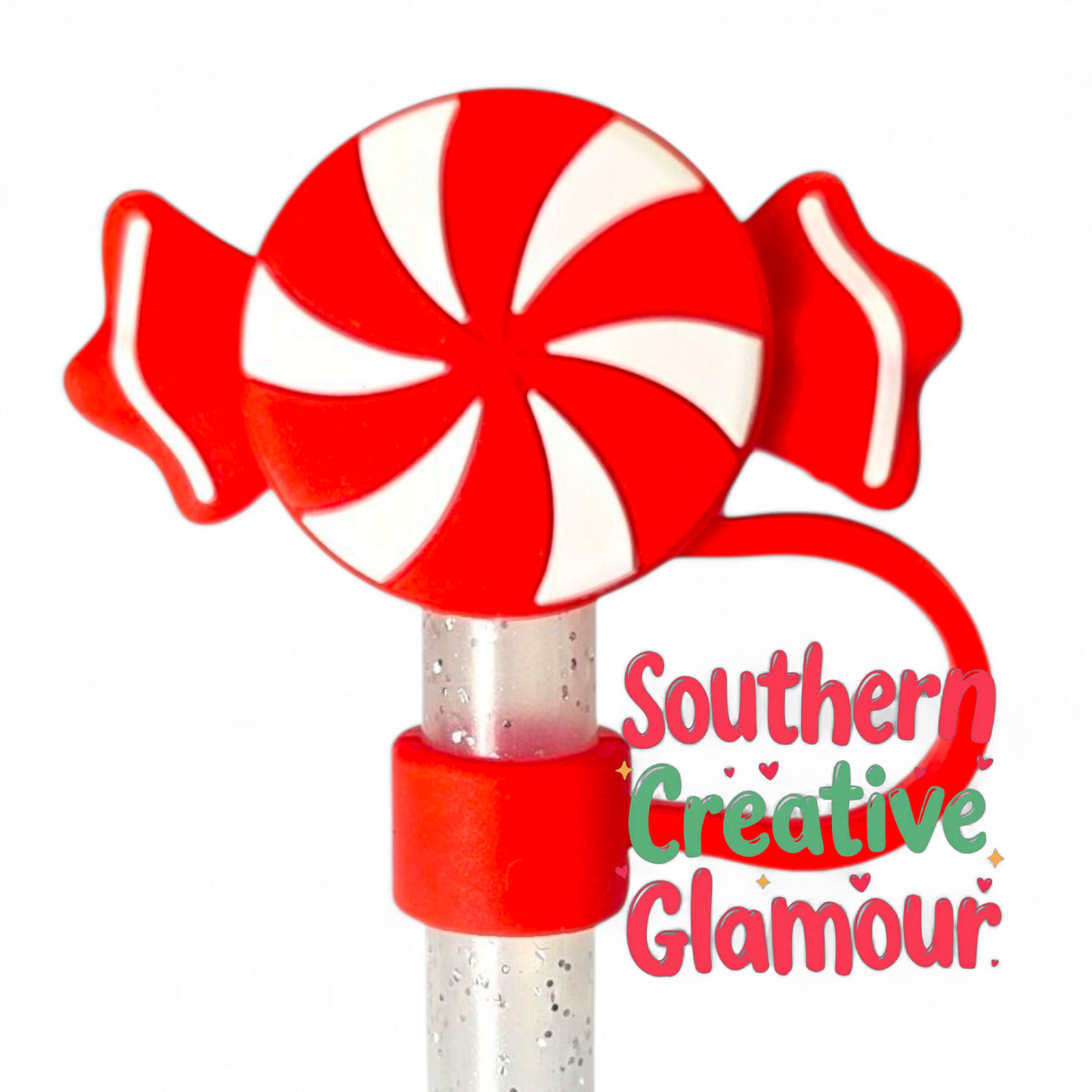 Red and White Christmas Peppermint Candy Silicone 10mm Straw Topper | Straw Cover by Southern Creative Glamour 