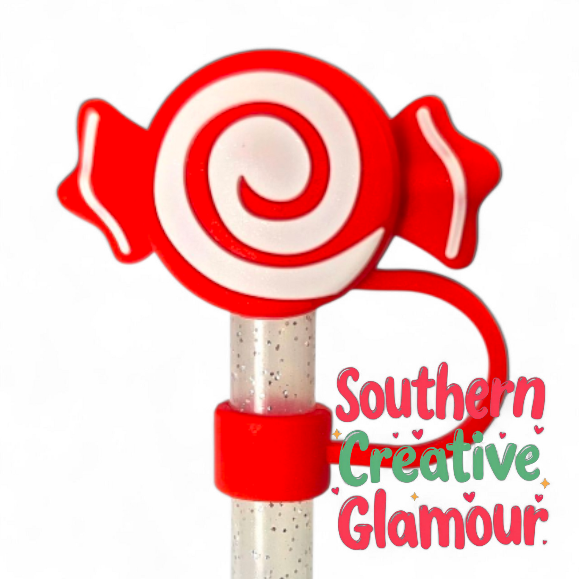 Red and White Christmas Swirls Candy Silicone 10mm Straw Topper | Straw Cover by Southern Creative Glamour 
