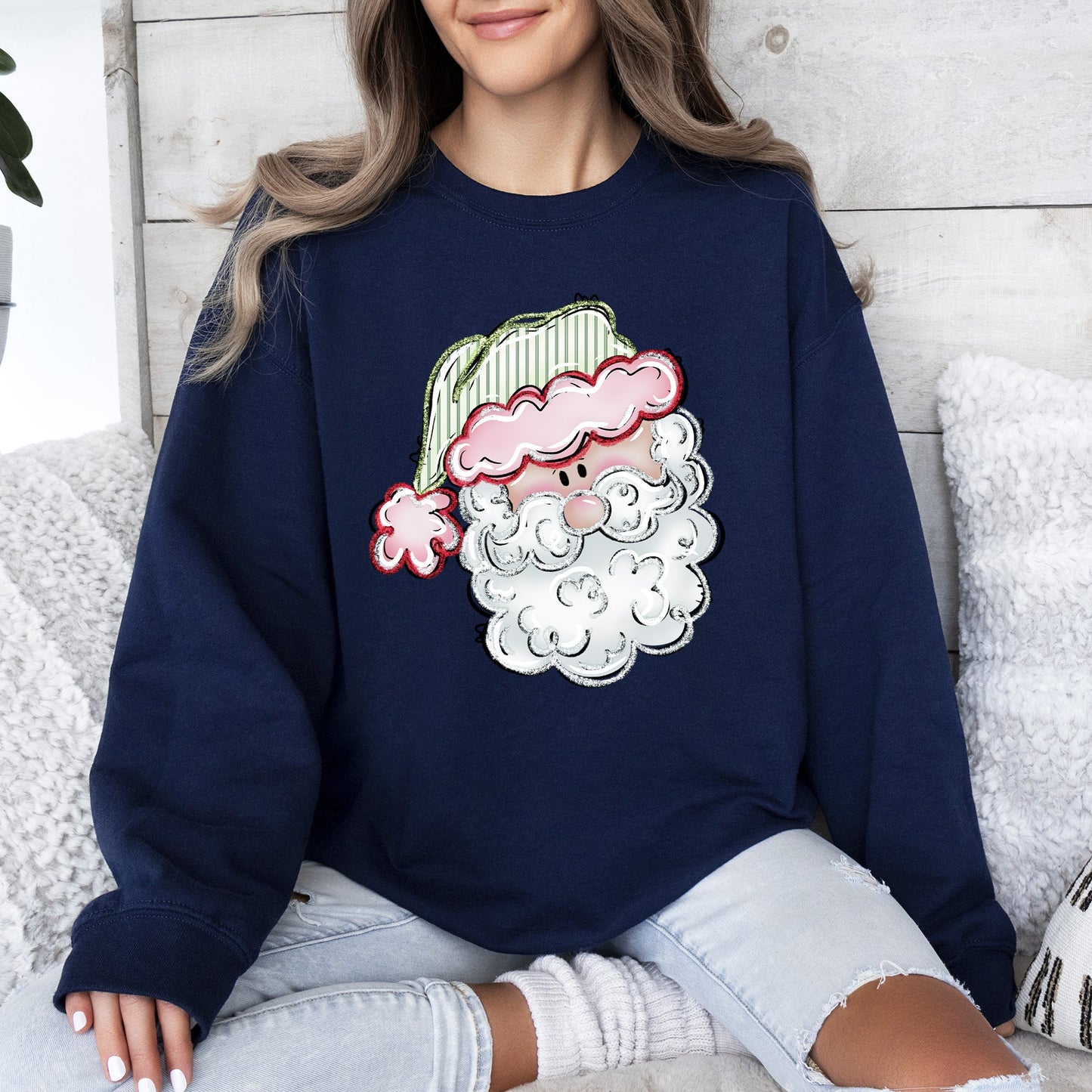 Navy Blue Retro Santa, Christmas, Stripes Sweatshirt