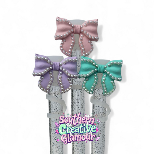Beaded Pearl Bow Straw Toppers by Southern Creative Glamour 
