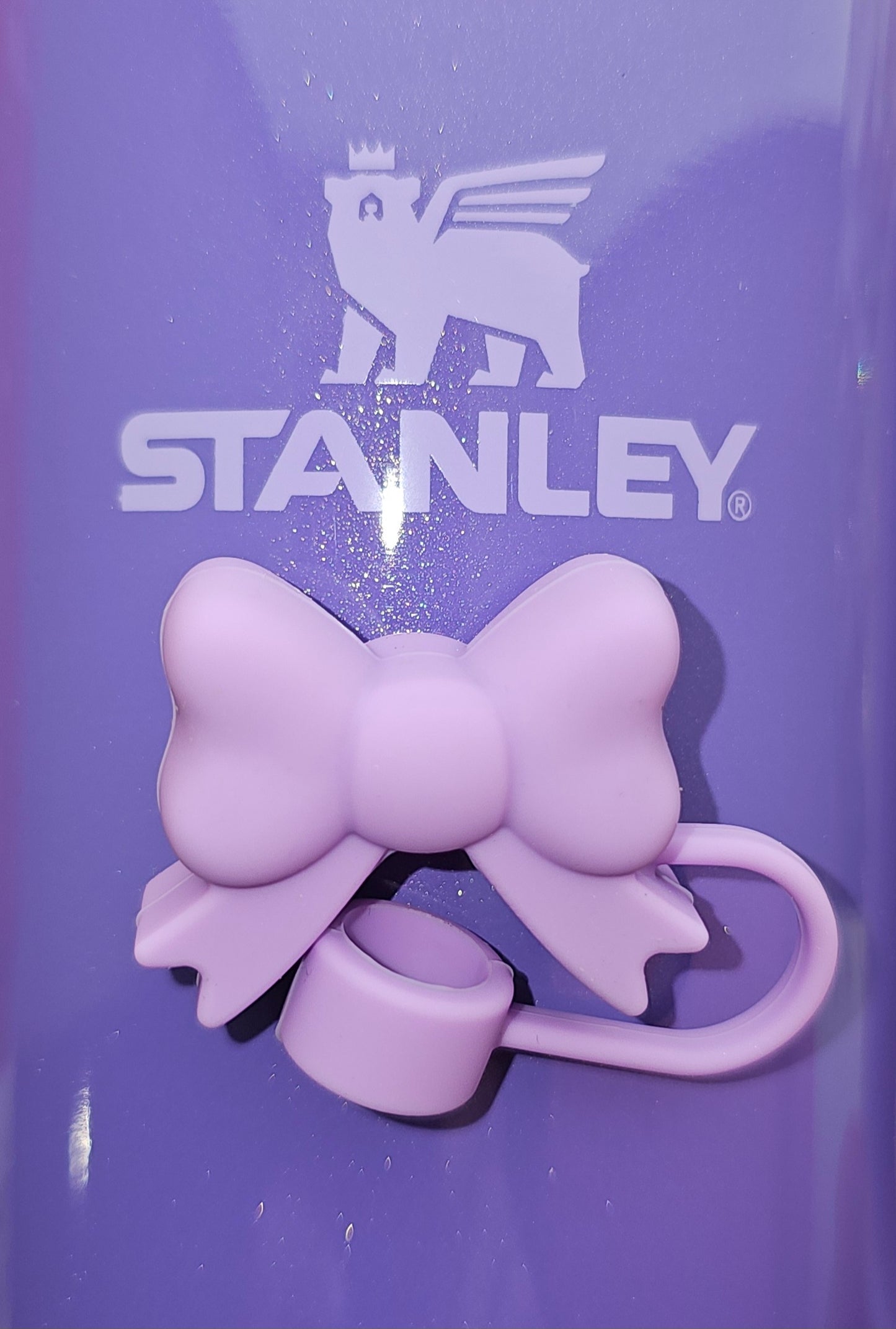 Dahlia Purple Butterfly Ribbon Bow 3D Silicone Straw Topper  - Straw Cover  - Straw Topper. Pictured with Stanley's Dahlia Shimmer. 