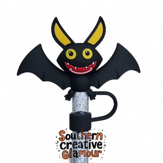 3D Jumbo Happy Halloween Bat 10mm Straw Topper - Black