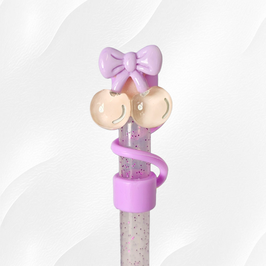 Purple cherries & bows silicone straw topper. 