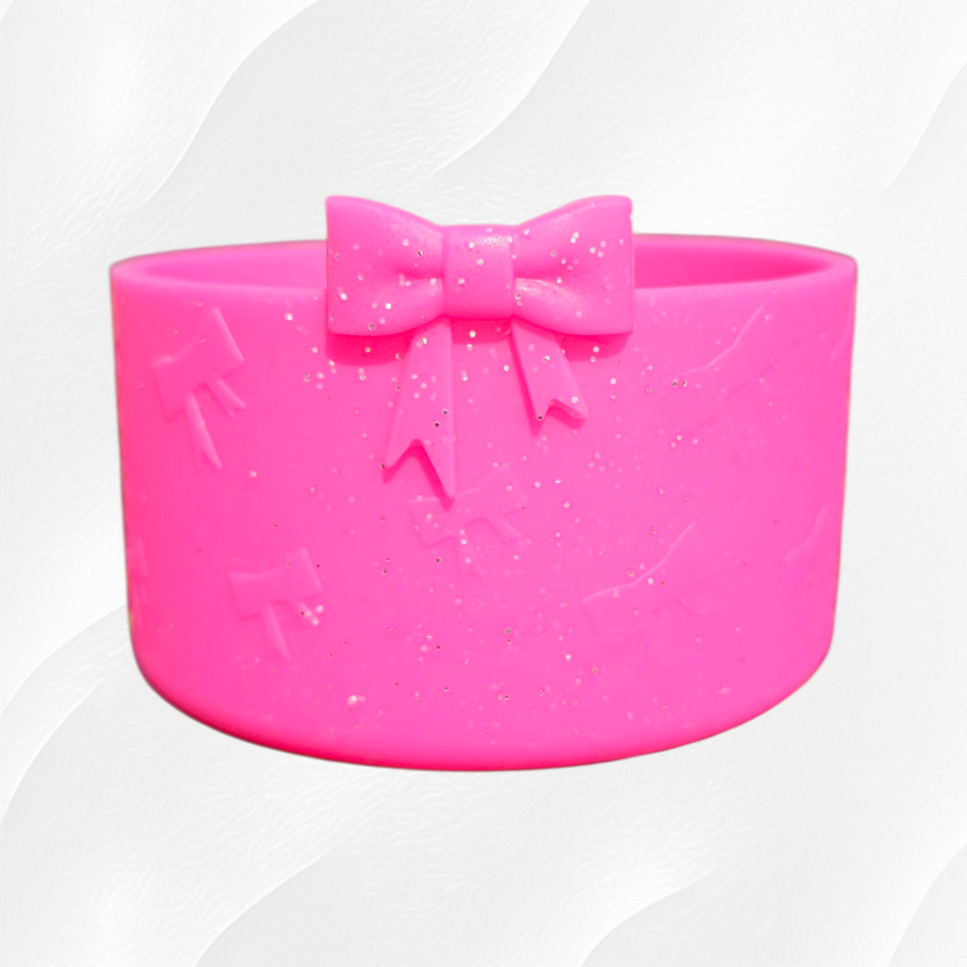 Barbie glitter ribbon bow textured 3D silicone tumbler boot and matching 10mm bow straw topper. 