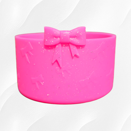 Barbie glitter ribbon bow textured 3D silicone tumbler boot and matching 10mm bow straw topper. 