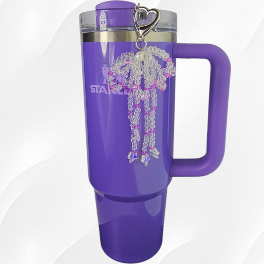  Purple and Clear Beaded Ribbon Bow Tumbler Straw Charm 