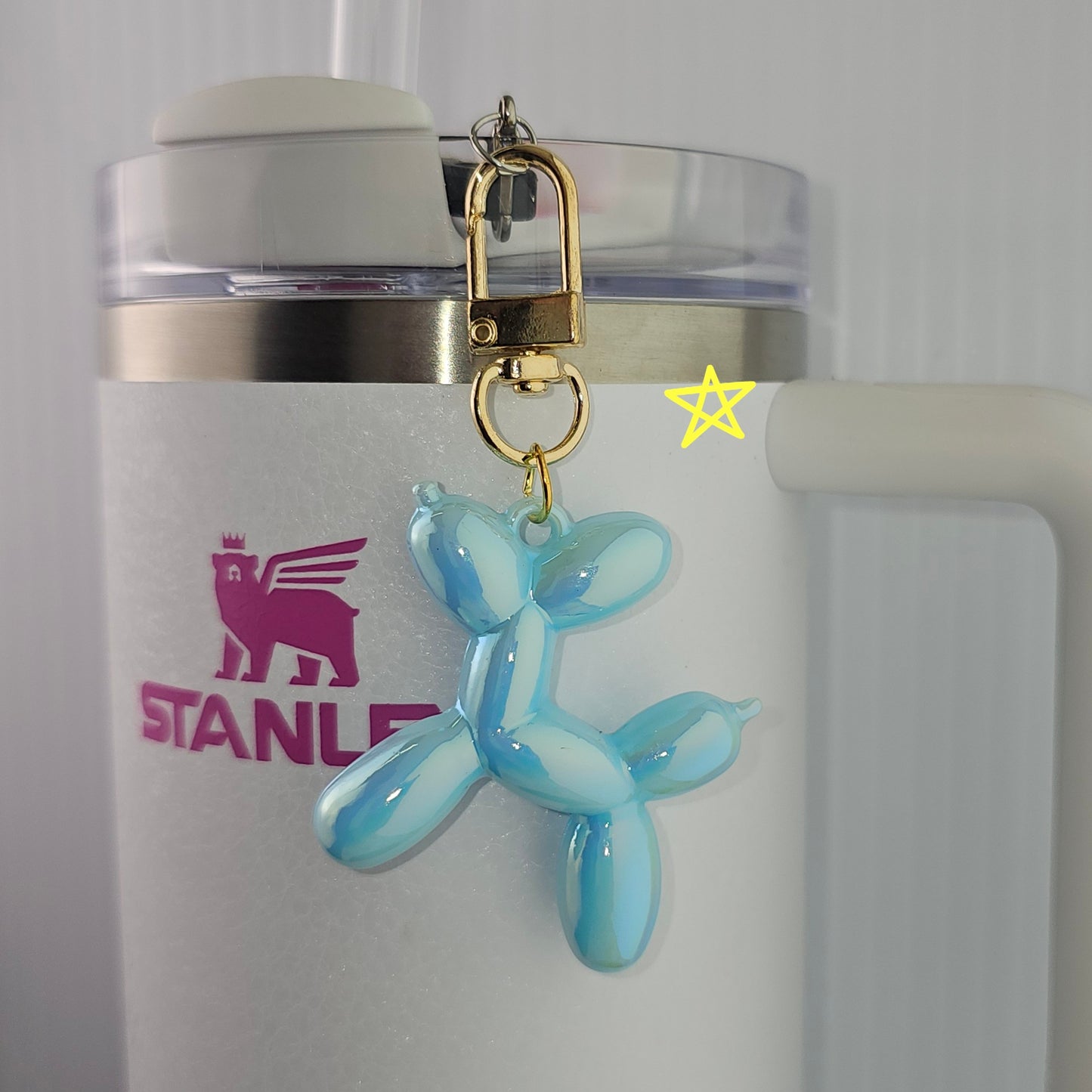 Bunny Blue Balloon Dog tumbler charm wire gold swivel lobster clasp. Has minor flaw. 