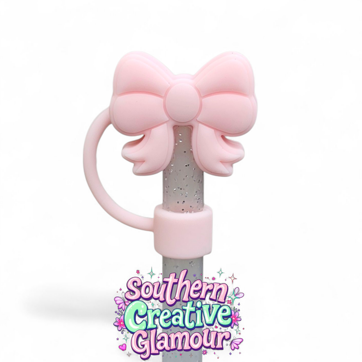 Blush Pink Girly Coquette 3D Ribbon Bow Silicone 10mm Straw Toppers by Southern Creative Glamour 