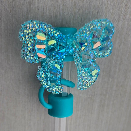 Tiffany Teal Blue Butterfly Ribbon Bow Silicone Straw Topper  - Straw Cover. Teal Blue base. 