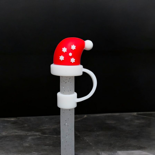 Red and White Christmas Santa Hat 3D Silicone Straw Topper 
