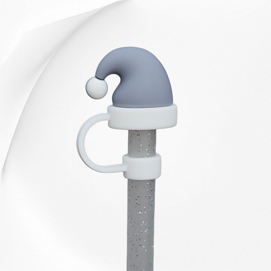 Gray Christmas Santa Hat 3D Silicone Straw Topper. 