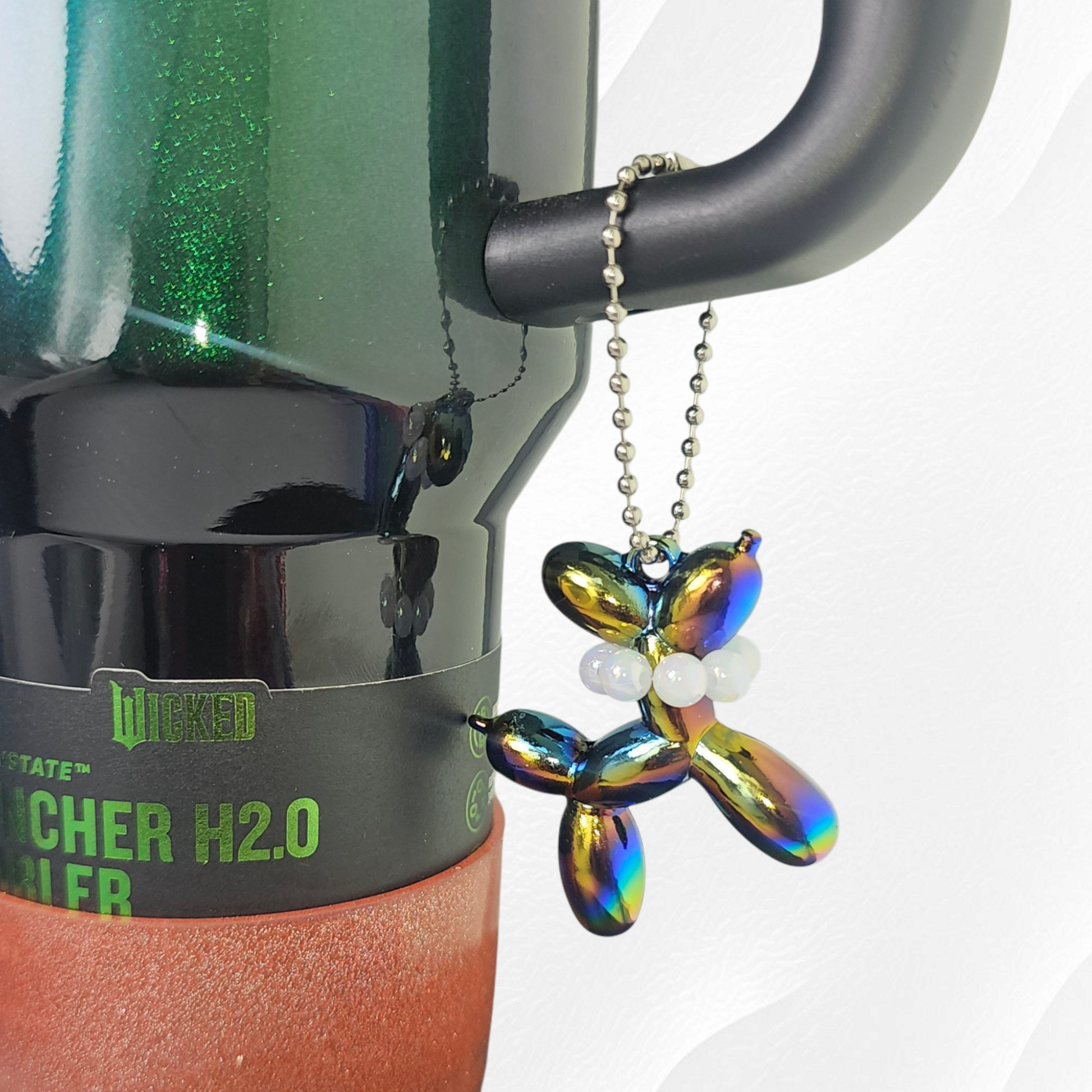 Iridescent Pearlescent Chrome Balloon Dog Charm with Beaded Faux Pearl Necklace. 