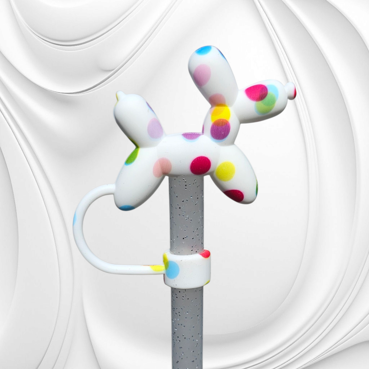 Multicolor polka dots 3D Silicone Balloon Dog Straw Topper. 
