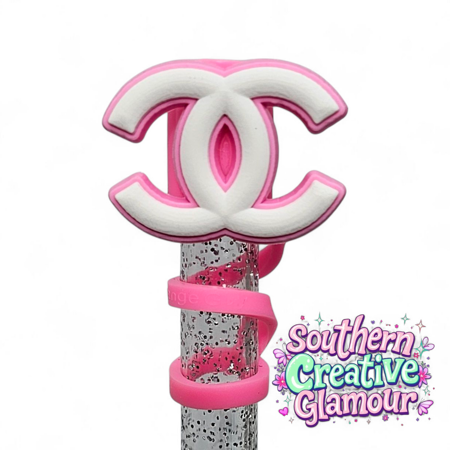 Chanel " CC " Hot Pink & White Fashion 2D Silicone 10mm Straw Topper by Southern Creative Glamour 