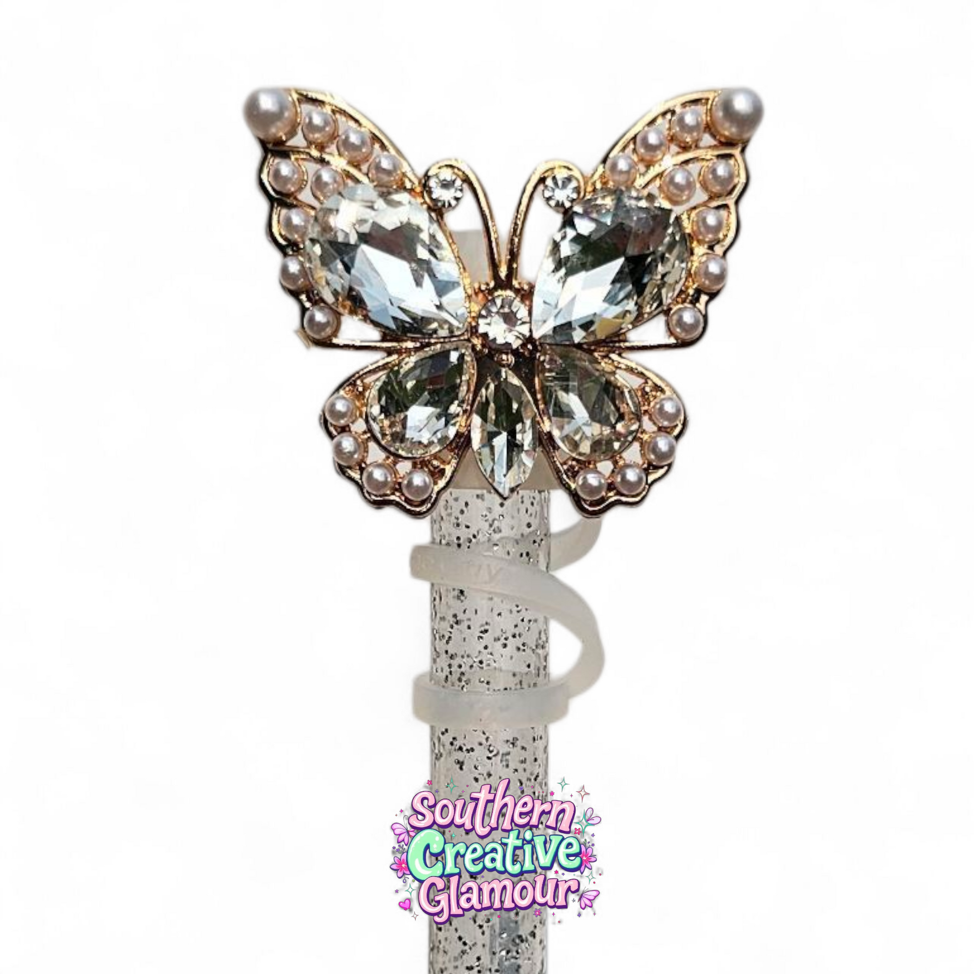 Gold Diamond & Pearl Butterfly 10mm Straw Topper | 10mm Straw Cover by Southern Creative Glamour 