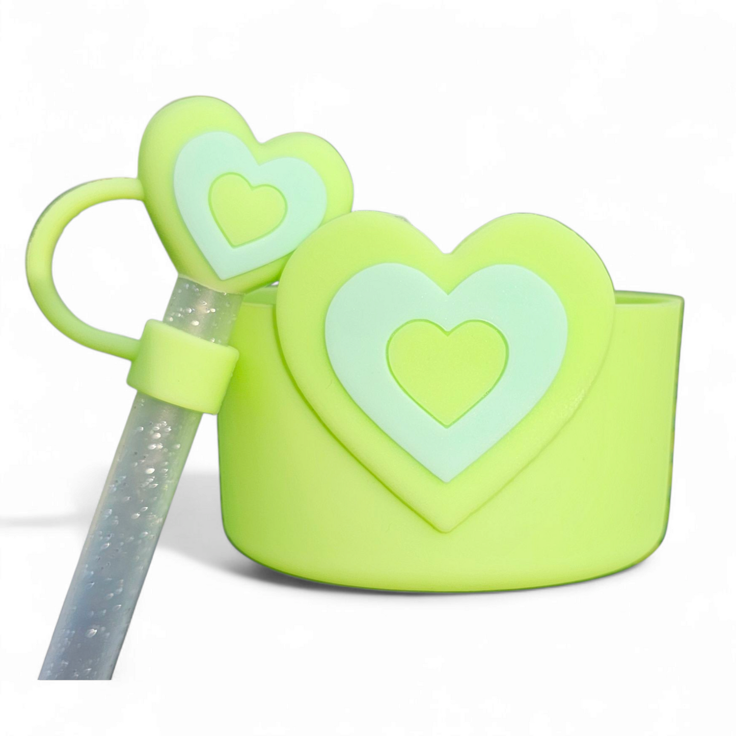 Green Heart Tumbler Silicone Boot & Matching Heart Silicone 10mm Straw Topper 