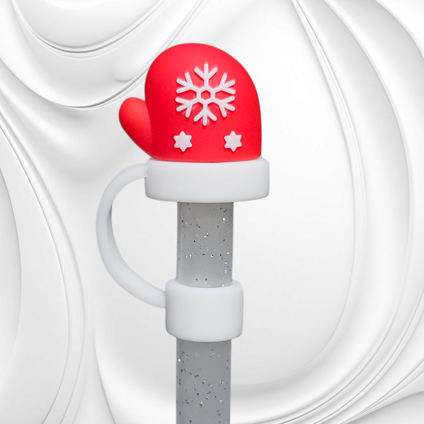 Red and White Christmas Snowflake Mitten 3D Silicone Straw Topper 