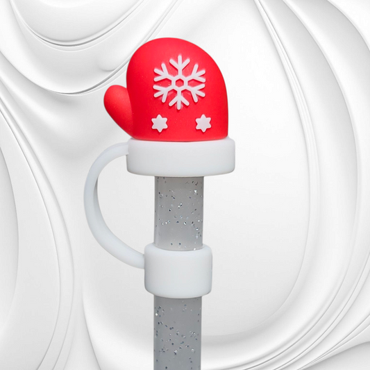 Red and White Christmas Snowflake Mitten 3D Silicone Straw Topper 