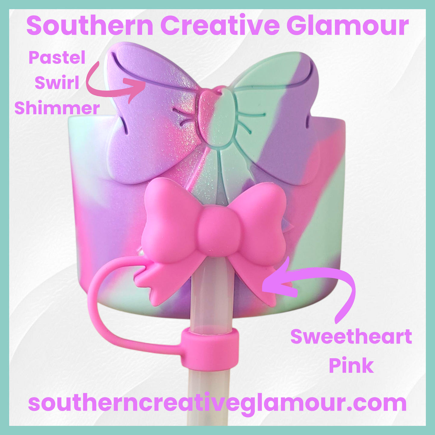 Pastel Swirl Shimmer Bow Silicone Tumbler Boot and Matching pink bow silicone 10mm Straw Topper by Southern Creative Glamour 