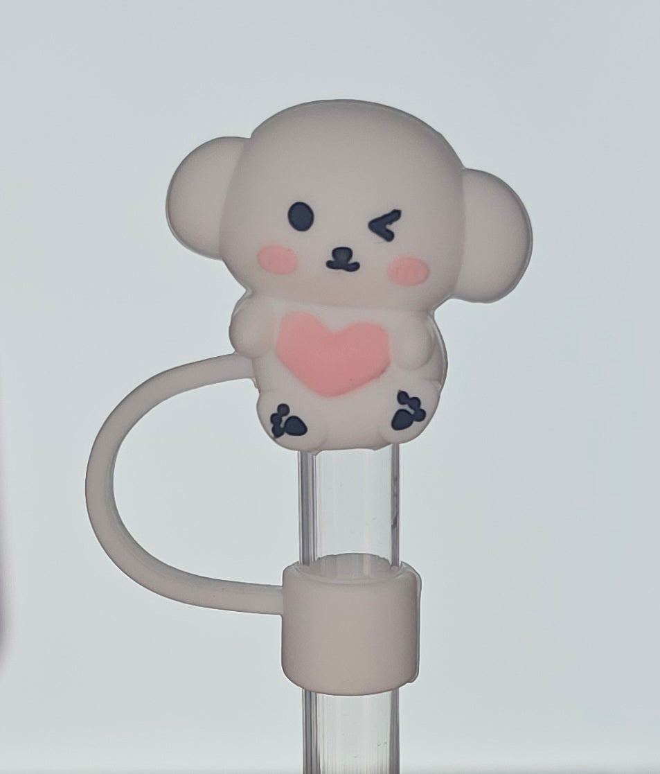 White Koala Bear holding a light pink heart 3D Silicone Straw Topper  - Straw Cover. 