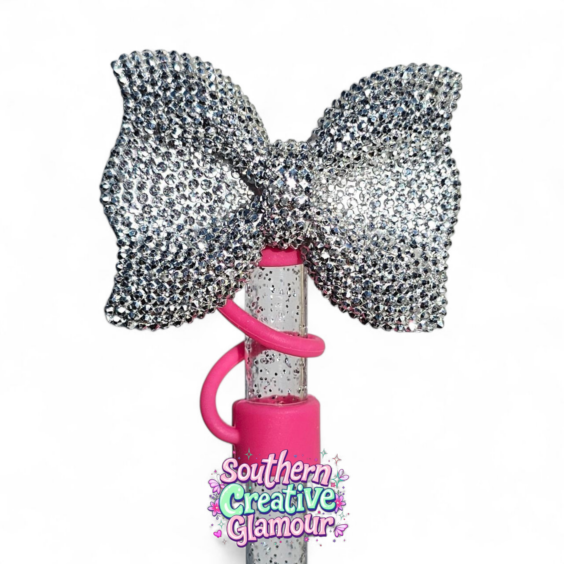 Silver Glitter Bow with Barbie Pink Silicone Straw Topper Base by Southern Creative Glamour 