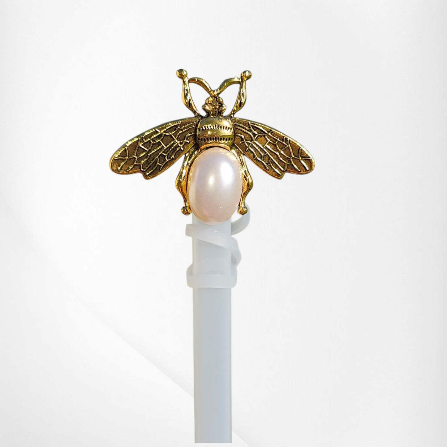 Deluxe Metal gold Bumblebee with Jumbo faux pearl silicone straw topper  - straw cover. 