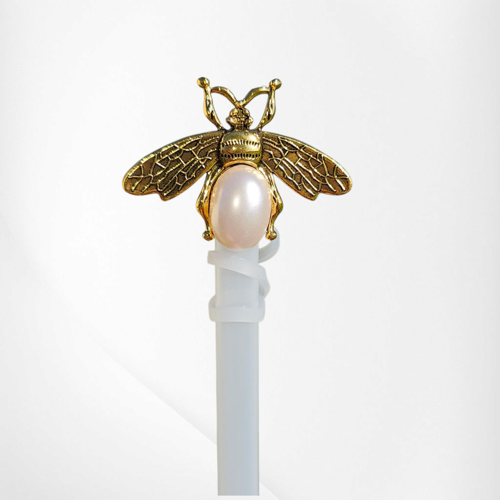 Deluxe Metal gold Bumblebee with Jumbo faux pearl silicone straw topper  - straw cover. 