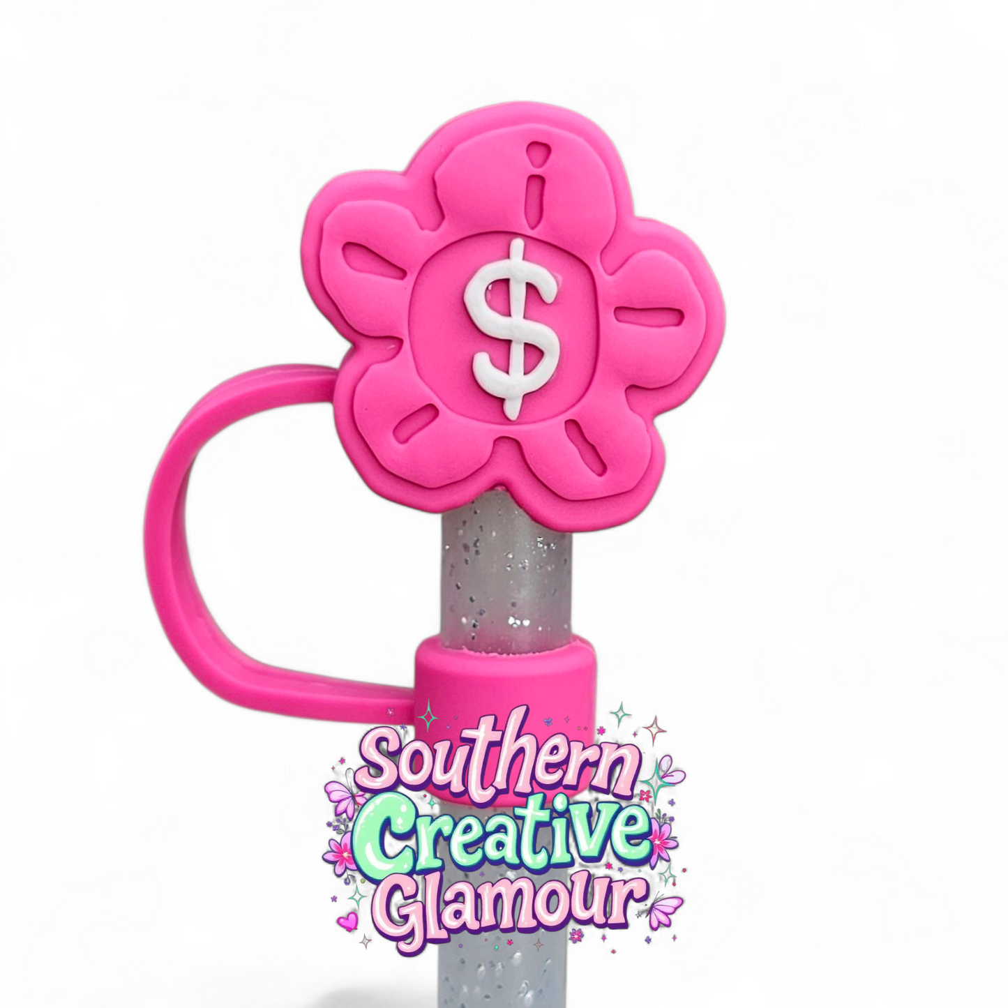 Hot Pink Boss Babe 3D Money Flower 10mm Straw Topper by Southern Creative Glamour 