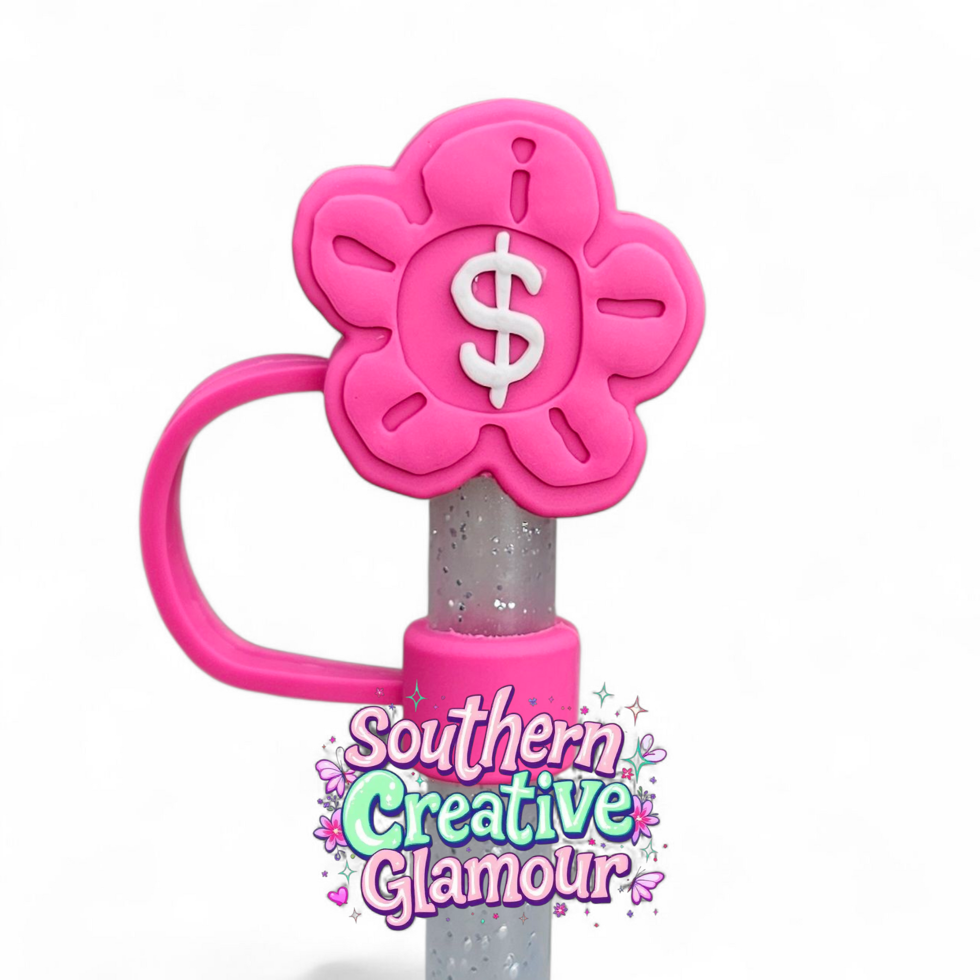 Hot Pink Boss Babe 3D Money Flower 10mm Straw Topper by Southern Creative Glamour 