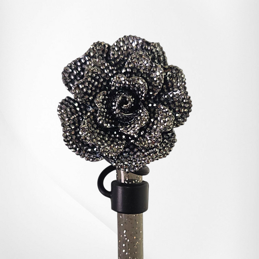 Charcoal Black Glitter Rose Straw Topper with Black Straw cap base. 