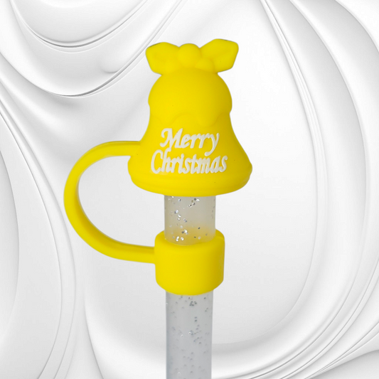 Yellow Christmas Bell 3D Silicone Straw Topper. 