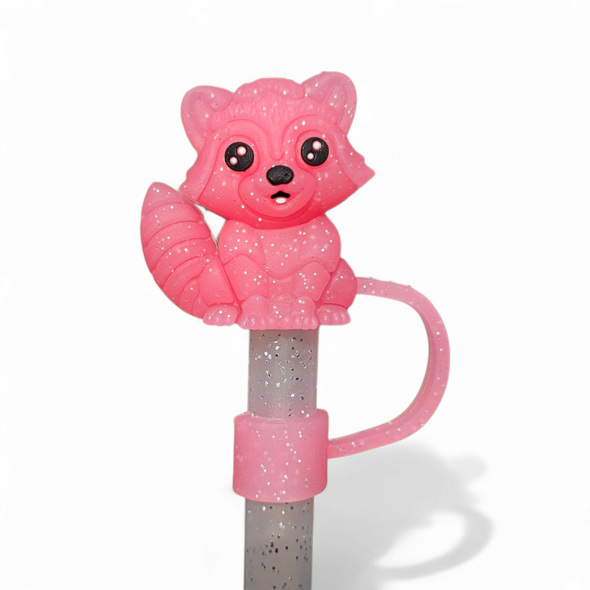 Strawberry Glitter Trash Panda  | Raccoon 3D Silicone 10mm Straw Topper by Southern Creative Glamour 