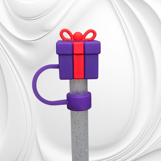 Purple and red Christmas Present 3D Silicone Straw Topper. 