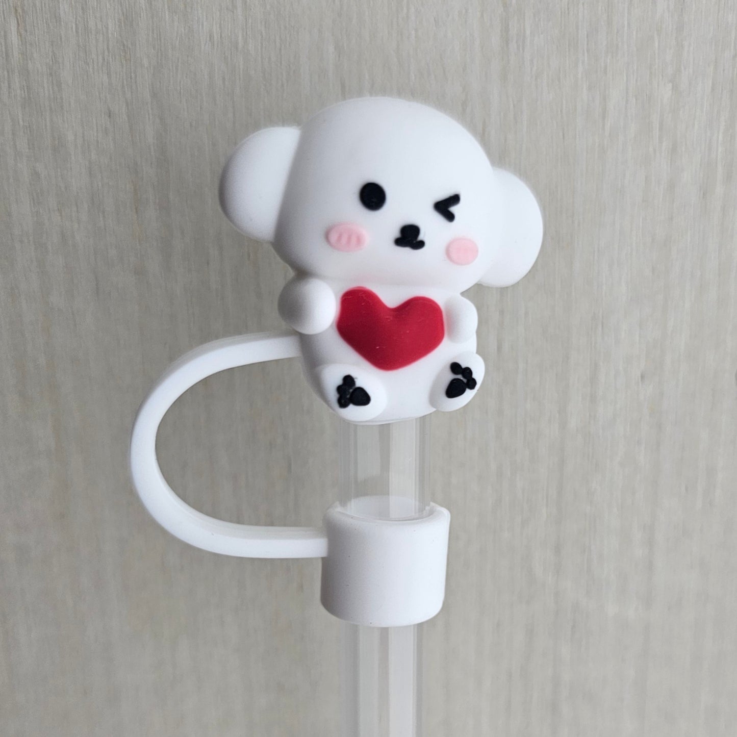 White Koala Bear holding a red heart 3D Silicone Straw Topper  - Straw Cover. 