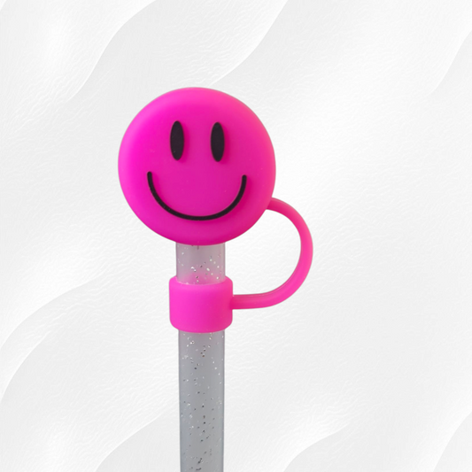 Smiley Face 3D Silicone Straw Topper  - Hot Pink